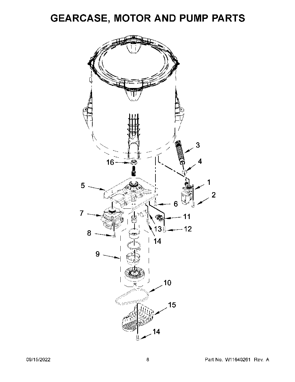 Gearcase, Motor And Pump Parts Diagram and Parts List for 11020362813  Kenmore Washer