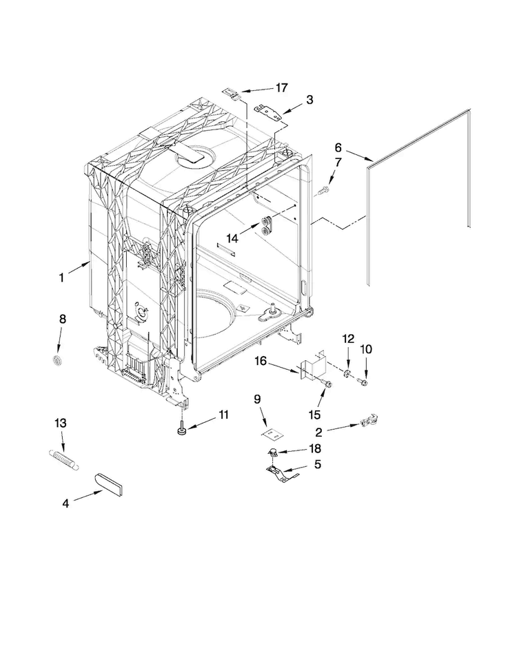 Tub And Frame Parts Diagram and Parts List for ADB1400AWB3  Amana Dishwasher