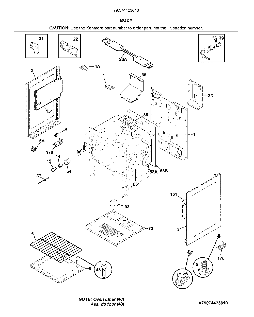 Body Diagram and Parts List for 79074423810  Kenmore Range