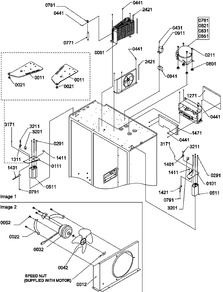 TOP HINGES, CONDENSER & COMPRESSOR AREA Diagram and Parts List for S148CA01 P1305502W Amana Refrigerator