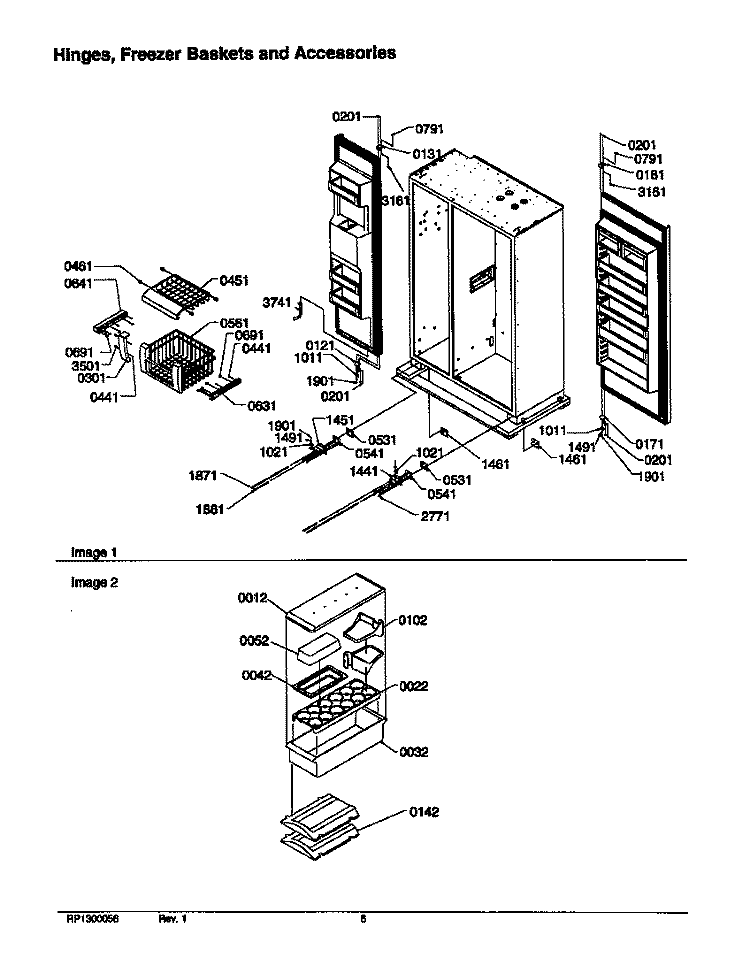 HINGES, FZ BASKETS AND ACCESSORIES Diagram and Parts List for S148DA03 P1305601W Amana Refrigerator