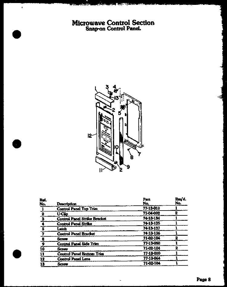 CTRL SECTION SNAP - ON CTRL PANEL Diagram and Parts List for DMO-560  Amana Microwave