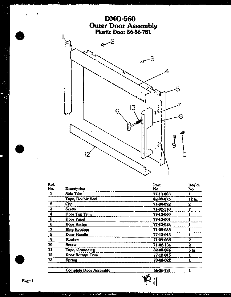 OUTER DOOR ASSY Diagram and Parts List for DMO-560  Amana Microwave