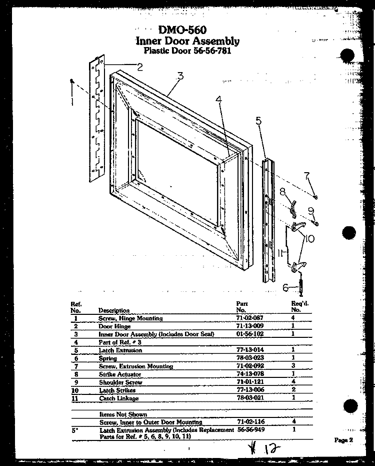 INNER DOOR ASSY Diagram and Parts List for DMO-560  Amana Microwave