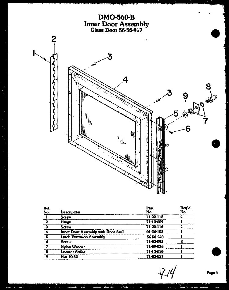 INNER DOOR ASSY Diagram and Parts List for DMO-560  Amana Microwave
