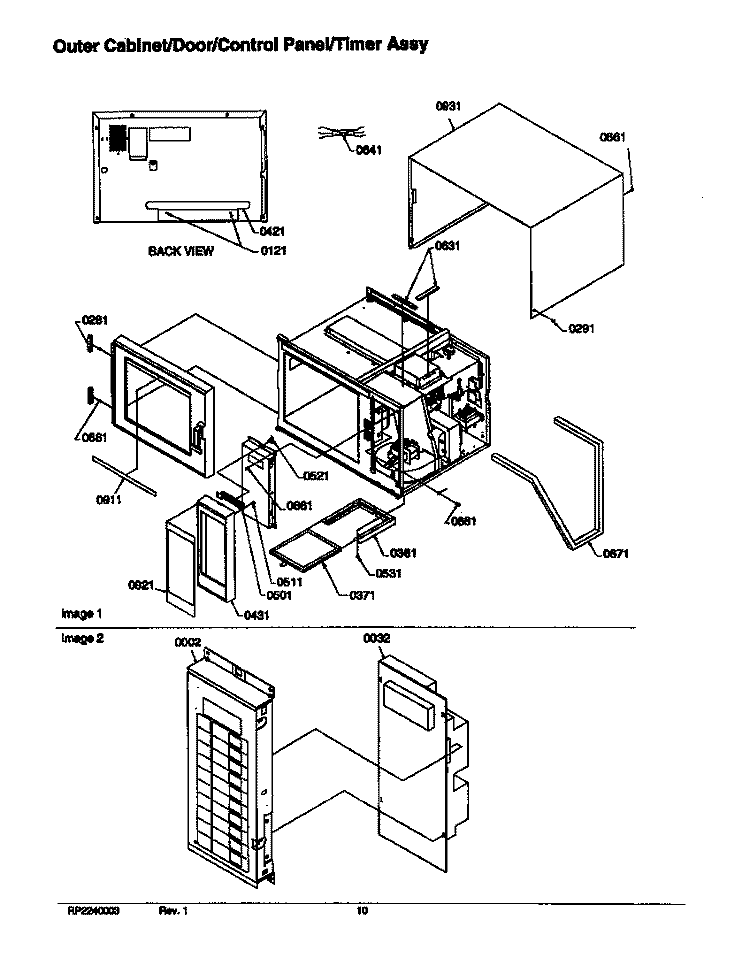 OUTER CABINET / DOOR / CTRL PANEL / TIMER ASSY Diagram and Parts List for RFS11B P1312008M Amana Microwave