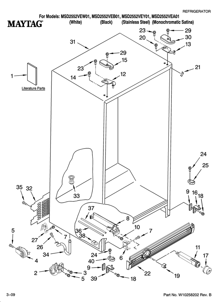 Cabinet Parts Diagram and Parts List for MSD2552VEA01  Maytag Refrigerator