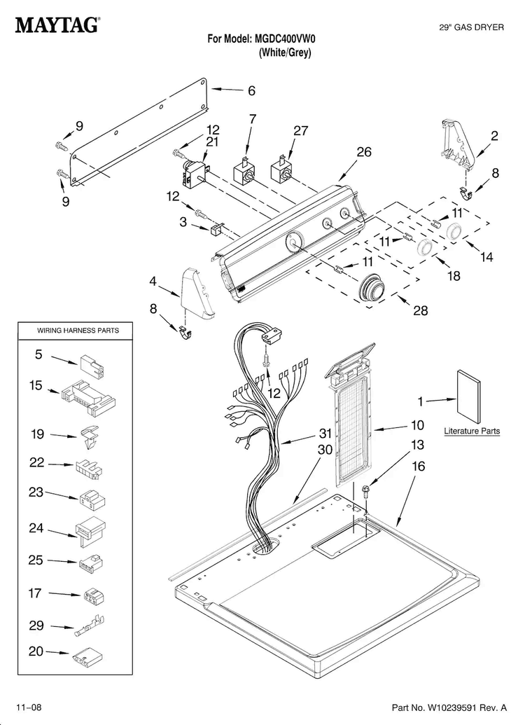 Top And Console Parts Diagram and Parts List for MGDC400VW0  Maytag Dryer