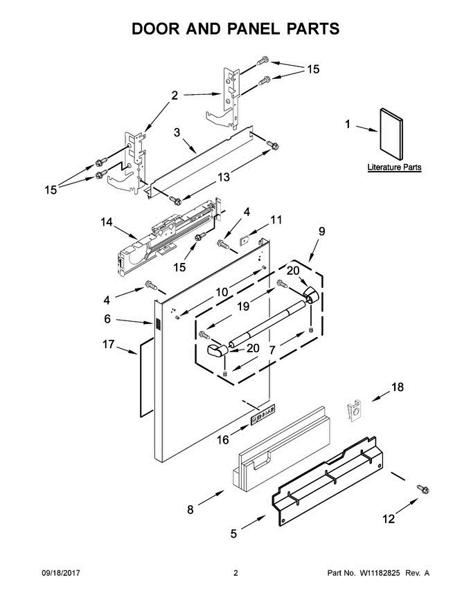 02 - Door And Panel Parts Diagram and Parts List for JDB9800CWP3  Jenn-Air Dishwasher