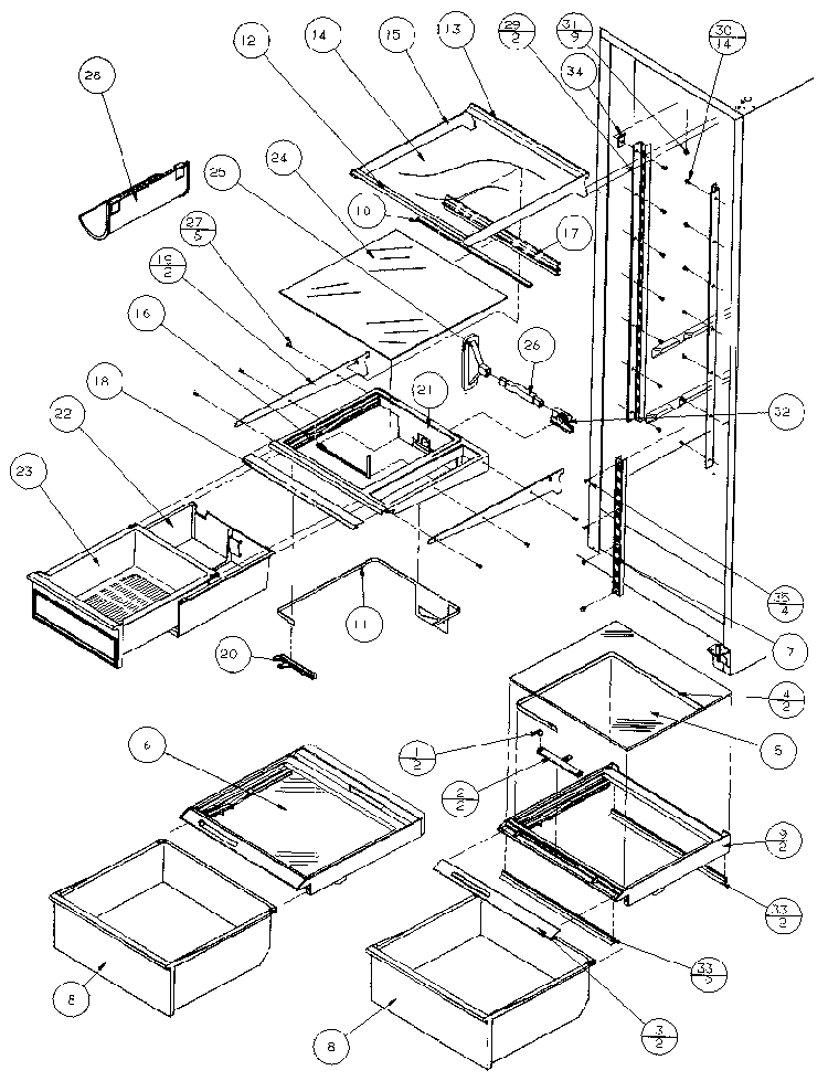 Refrigerator Shelving And Drawers Diagram and Parts List for 36511-P1121603W  Amana Refrigerator