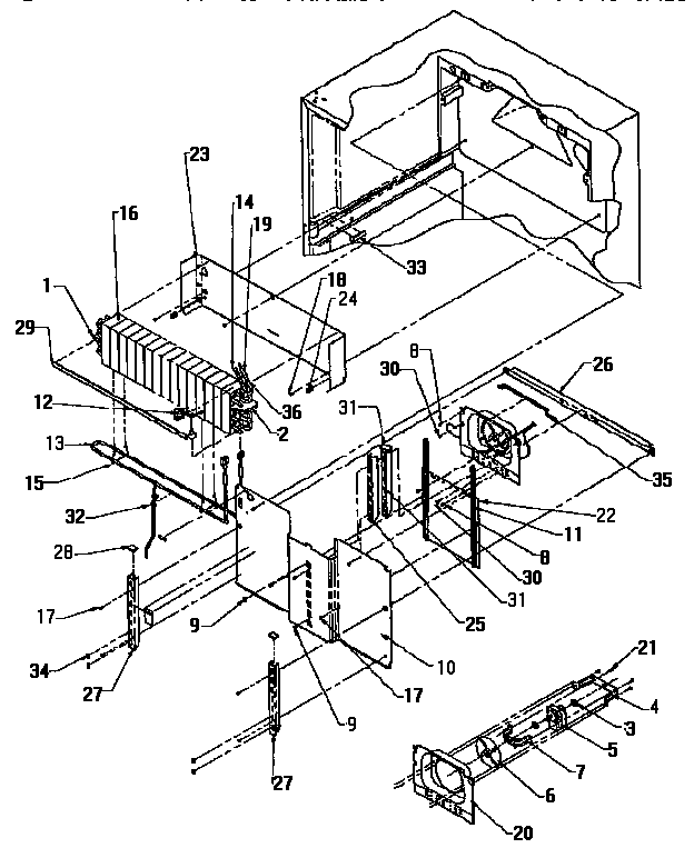 Evaporator Area Diagram and Parts List for TX18R-P1158412W  Amana Refrigerator