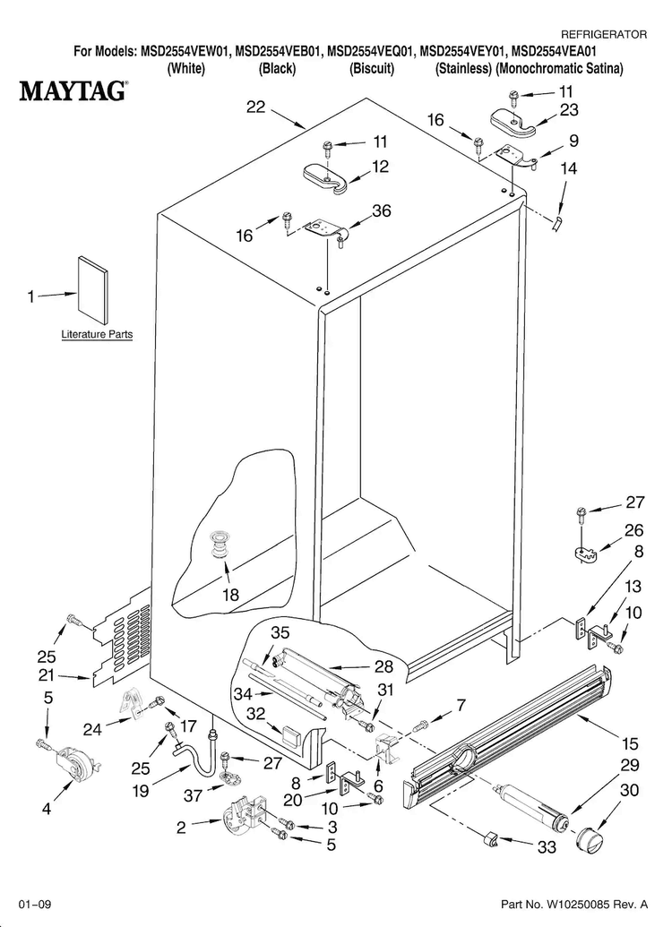 Cabinet Parts Diagram and Parts List for MSD2554VEA01  Maytag Refrigerator