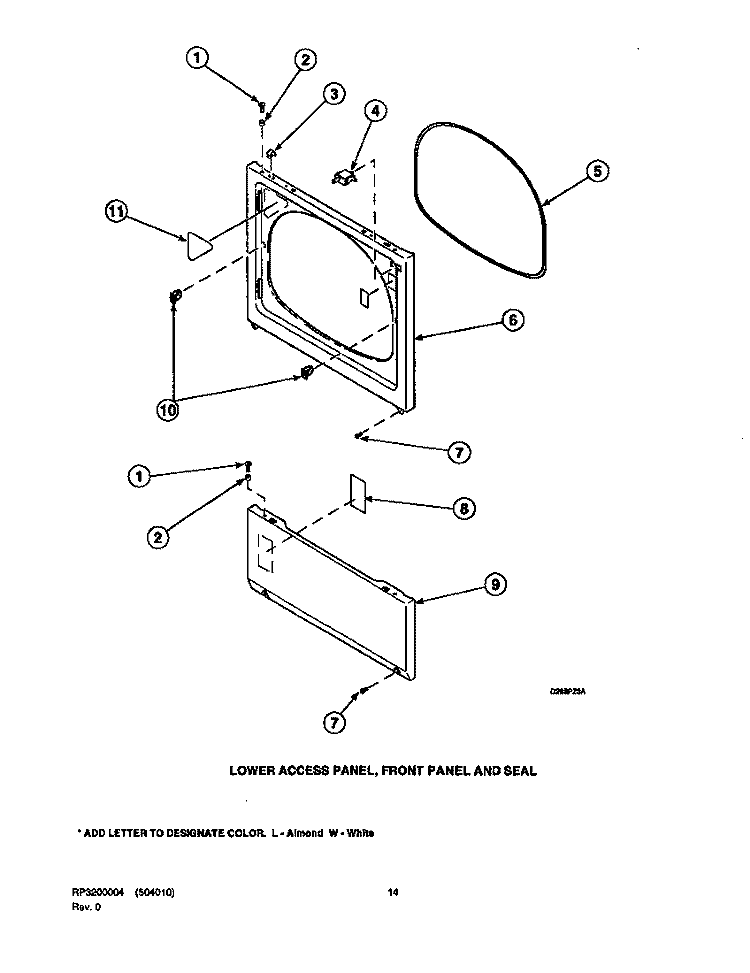 LOWER ACCESS PANEL, FRONT PANEL AND SEAL Diagram and Parts List for LGS33AW PLGS33AW Speed Queen Dryer