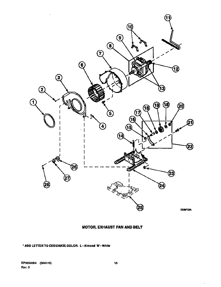 MOTOR, EXHAUST FAN AND BELT Diagram and Parts List for LGS33AW PLGS33AW Speed Queen Dryer