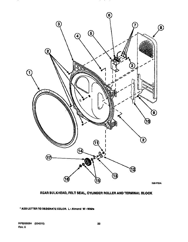 BULKHEAD / FELT SEAL / CYL ROLLER & TERM BLK Diagram and Parts List for LGS33AW PLGS33AW Speed Queen Dryer