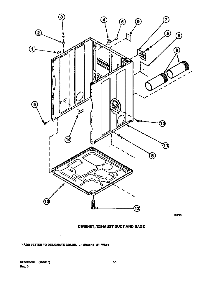 CABINET, EXHAUST DUCT AND BASE Diagram and Parts List for LGS33AW PLGS33AW Speed Queen Dryer
