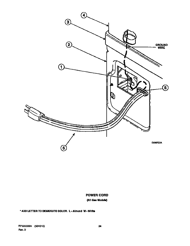 POWER CORD Diagram and Parts List for LGS33AW PLGS33AW Speed Queen Dryer