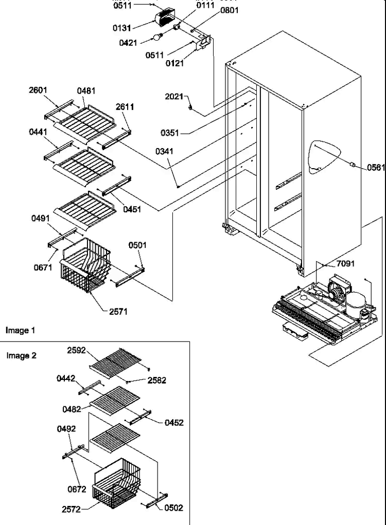 Freezer Shelves And Light Diagram and Parts List for SXD27TW-P1302801WW  Amana Refrigerator