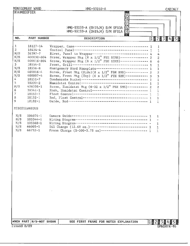 Cabinet/miscellaneous Page 2 Diagram and Parts List for 93159A  Admiral Dehumidifier