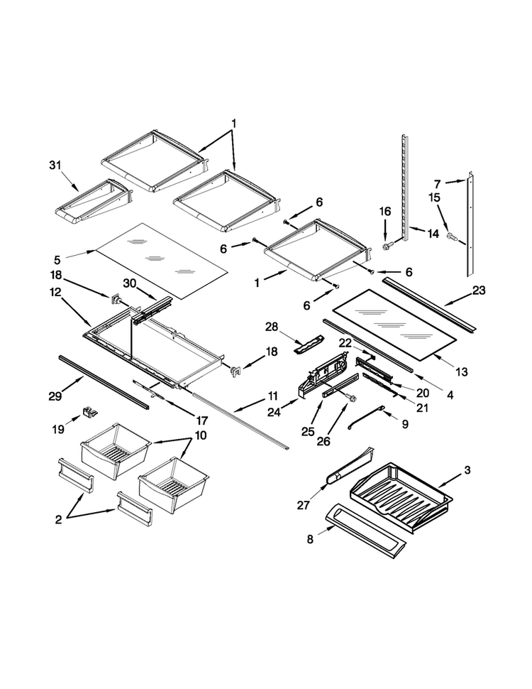 Shelf Parts Diagram and Parts List for 5VMFI267AA01  Maytag Refrigerator