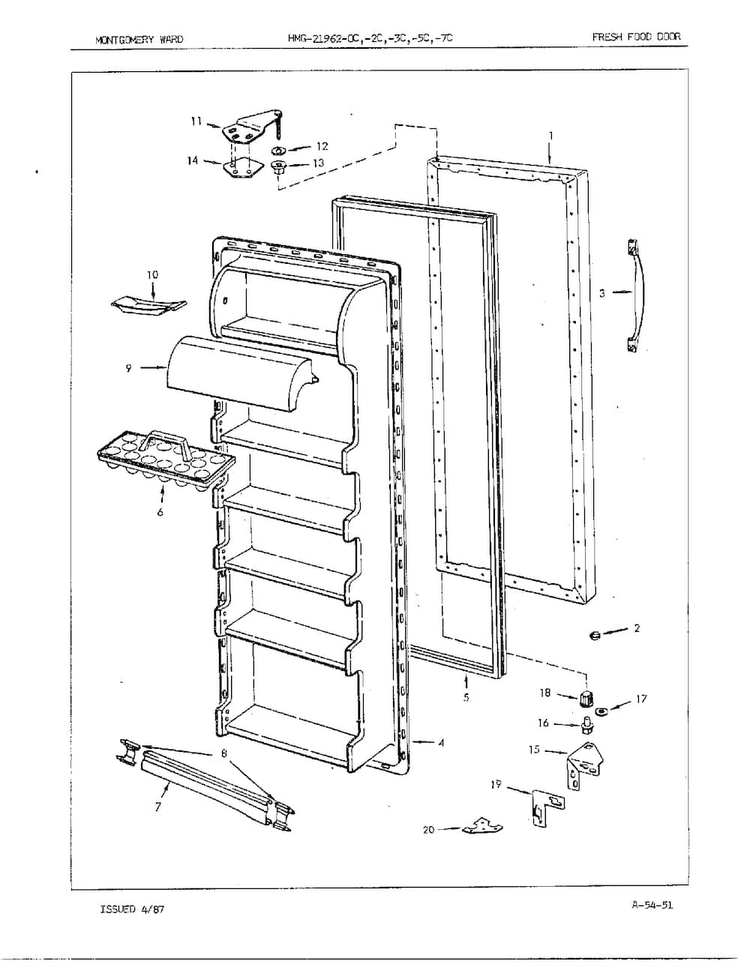 Fresh Food Door Assembly Diagram and Parts List for 21962C  Admiral Refrigerator