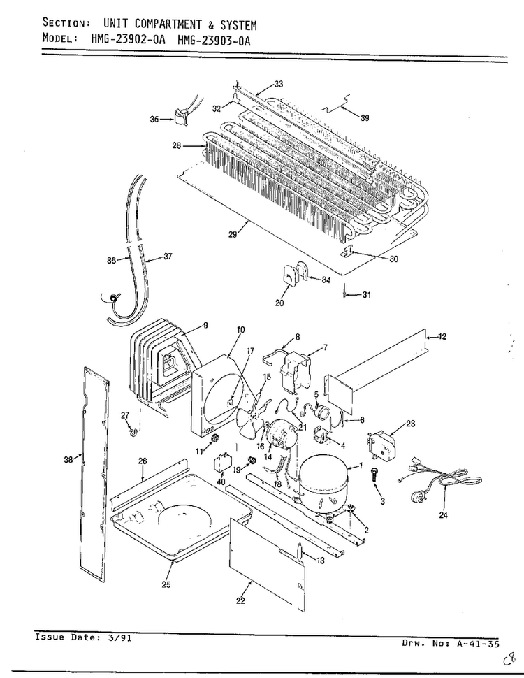 Unit Compartment And System Diagram and Parts List for 23903-0A  Admiral Refrigerator