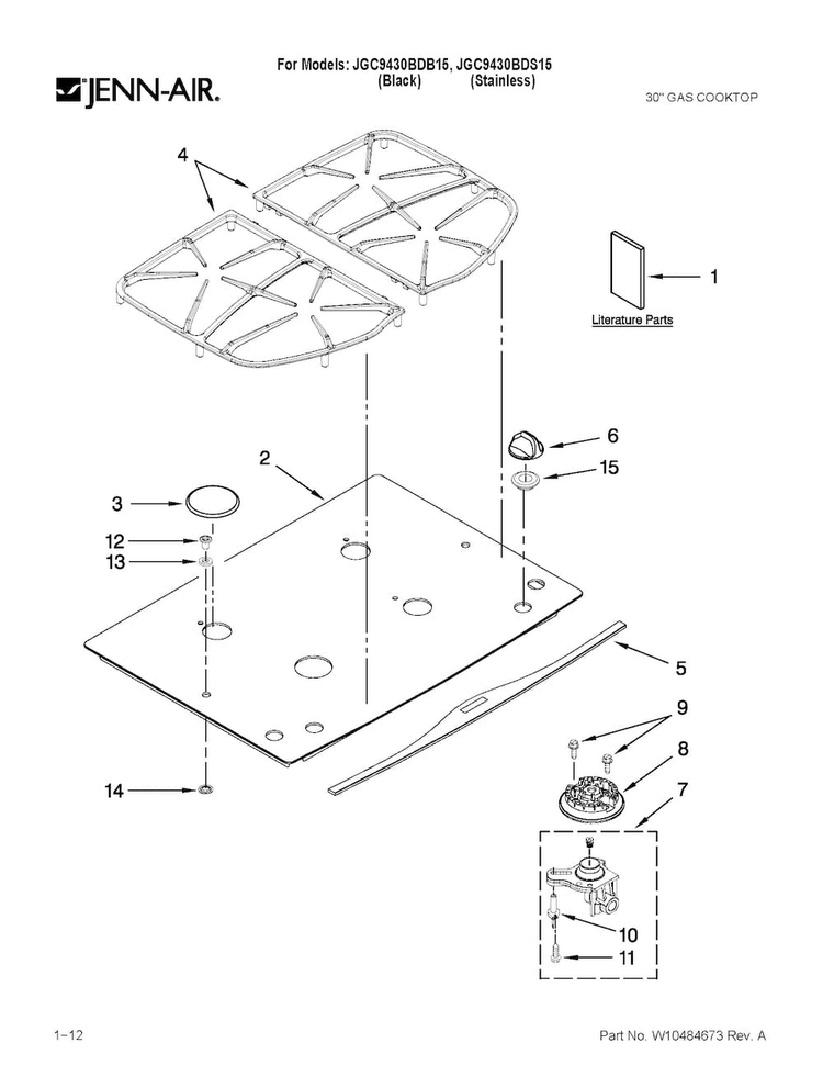 Cooktop, Burner And Grate Parts Diagram and Parts List for JGC9430BDB15  Jenn-Air Cooktop