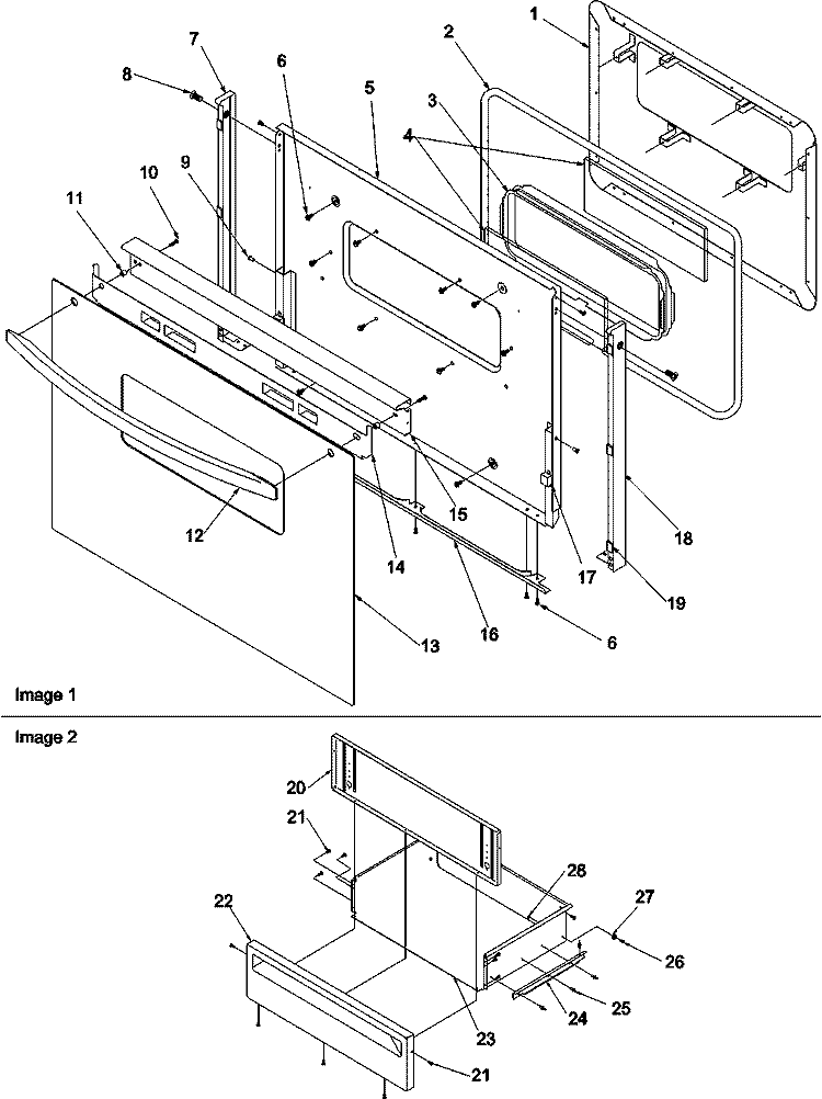 Oven Door and Storage Drawer Diagram and Parts List for ARG7202 E P1143378N E Amana Range