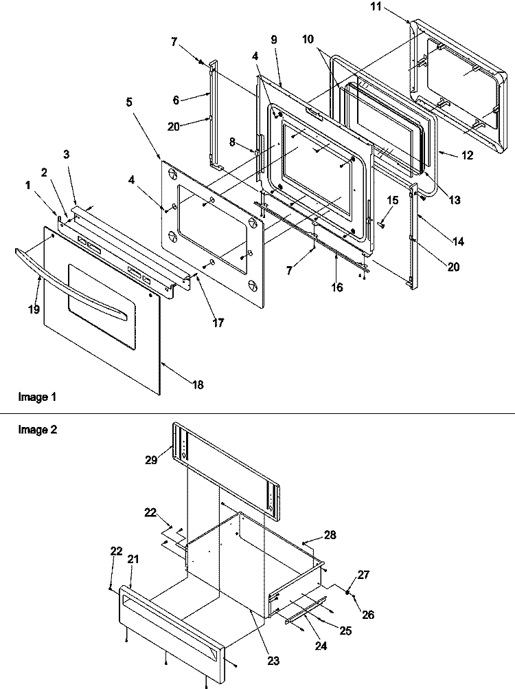 Oven Door and Storage Drawer Diagram and Parts List for ARG7800LL P1143326NLL Amana Range
