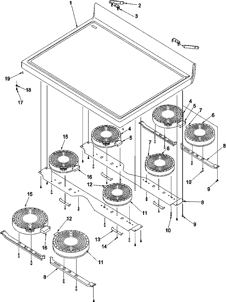 Main Top Diagram and Parts List for ARH6710WW P1143430NWW Amana Range