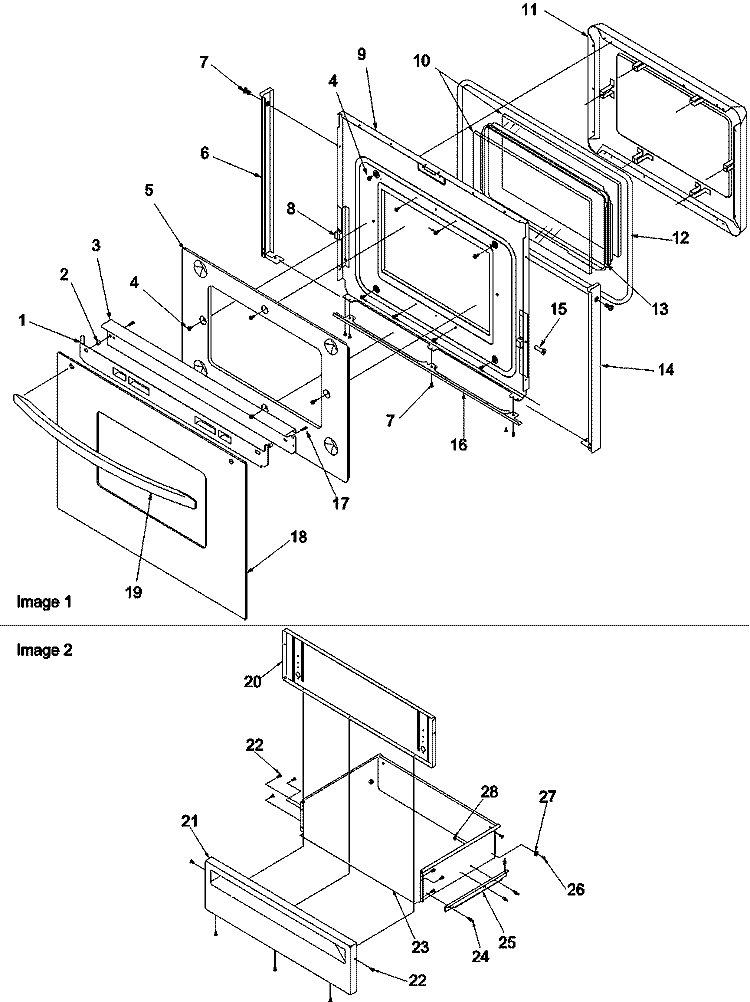 Oven Door and Storage Drawer Diagram and Parts List for ZRTC7511WW P1143619NWW Amana Range