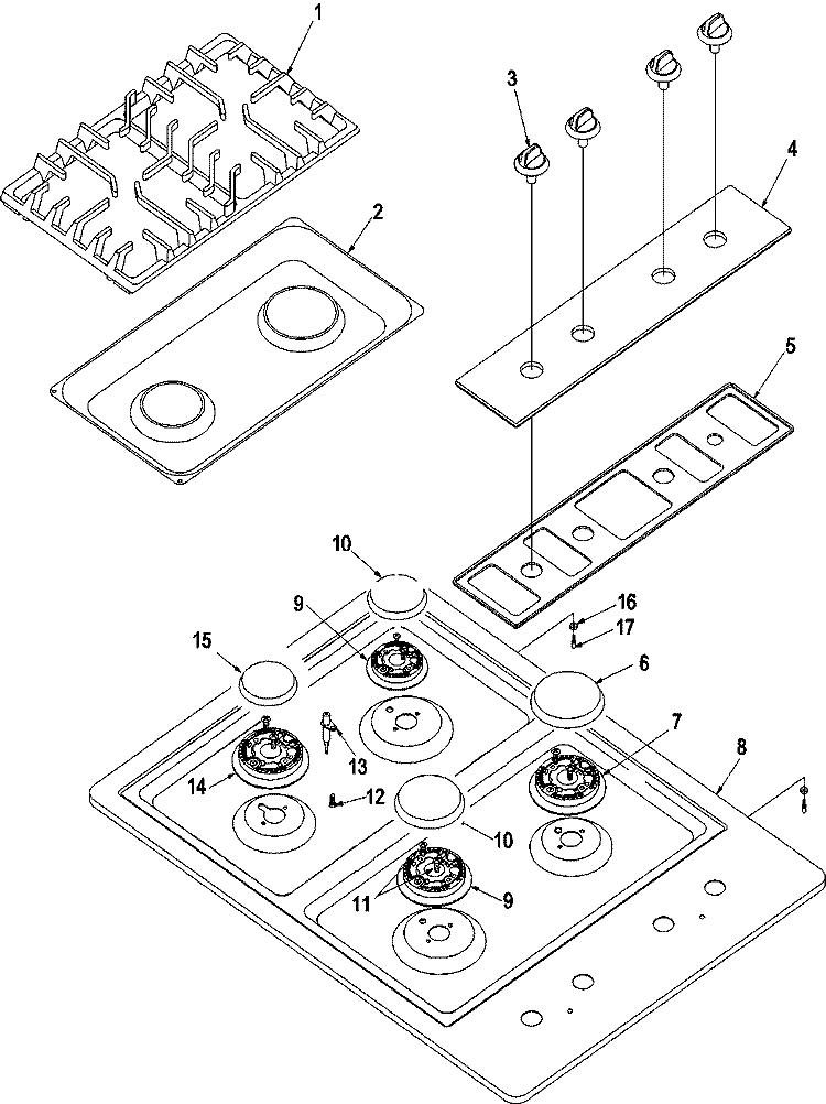 Main Top Diagram and Parts List for AKS3040LL P1142525NLL Amana Cooktop
