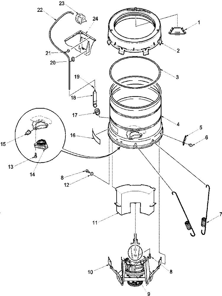 Outer Tub, Cover, Pressure Tube Diagram and Parts List for LWS55AW PLWS55AW Amana Washer
