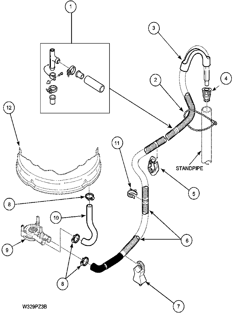 DRAIN HOSE AND SIPHON BREAK Diagram and Parts List for LWA40AW2 PLWA40AW2 Amana Washer