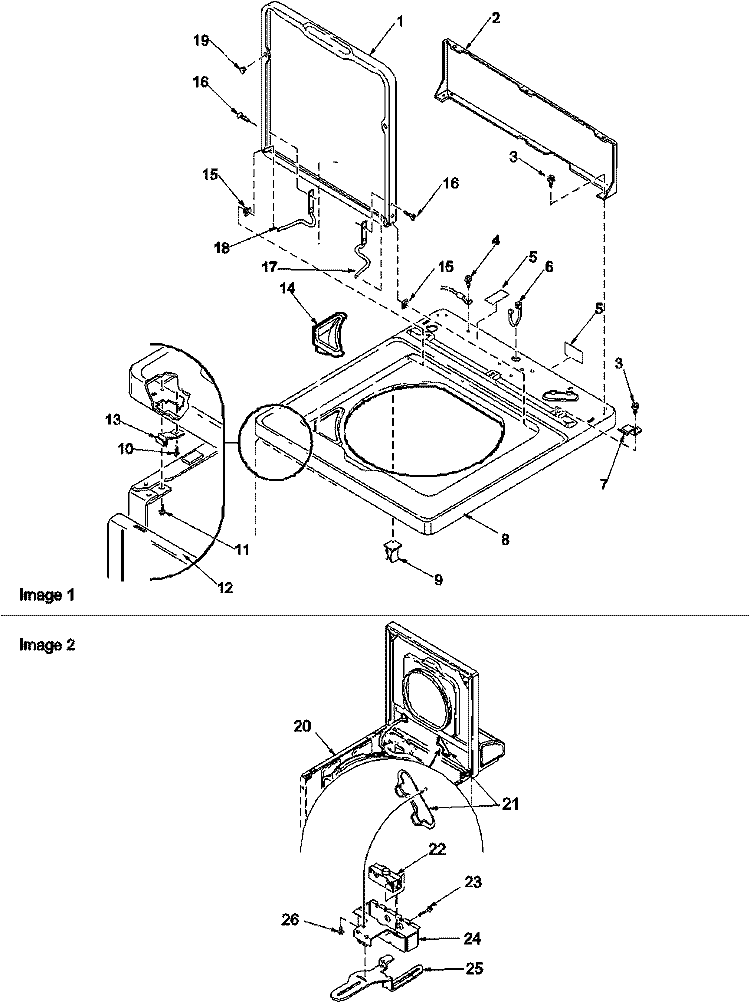 CABINET TOP, LOADING DOOR & DOOR SWITCH Diagram and Parts List for LWC80AW PLWC80AW Amana Washer