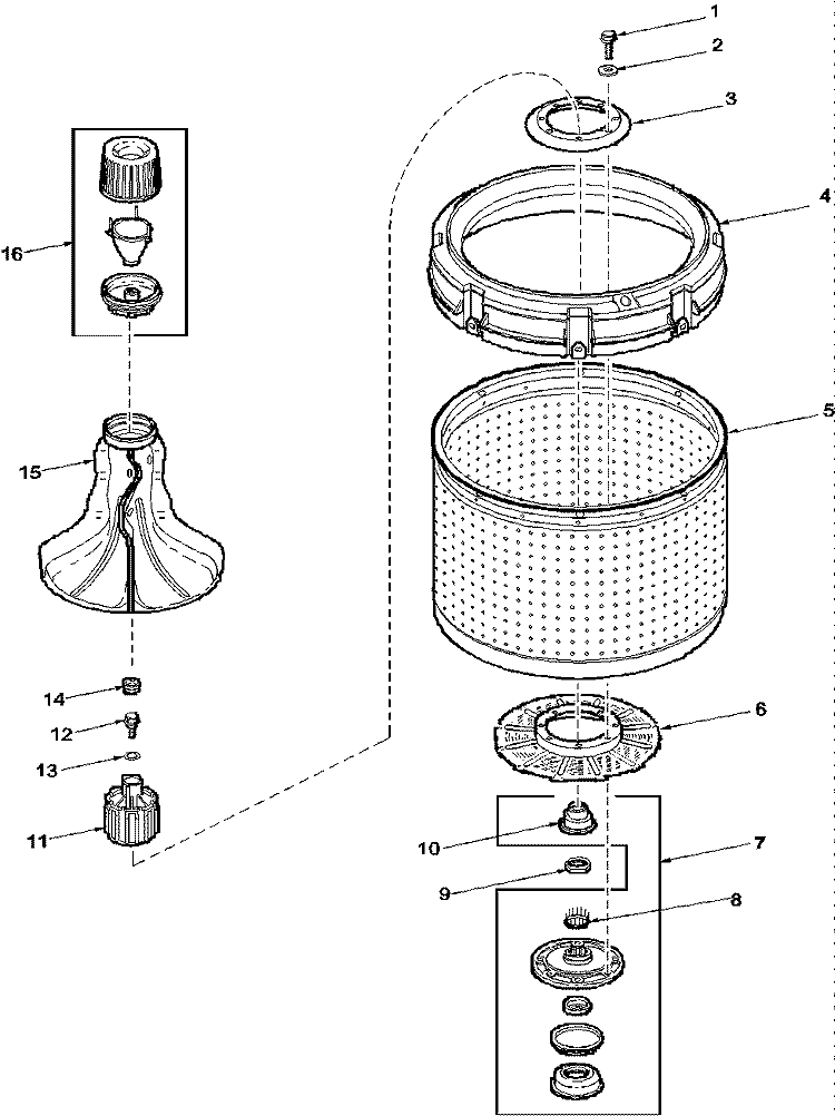AGITATOR, DRIVE BELL, WASHTUB AND HUB Diagram and Parts List for LWC80AW PLWC80AW Amana Washer