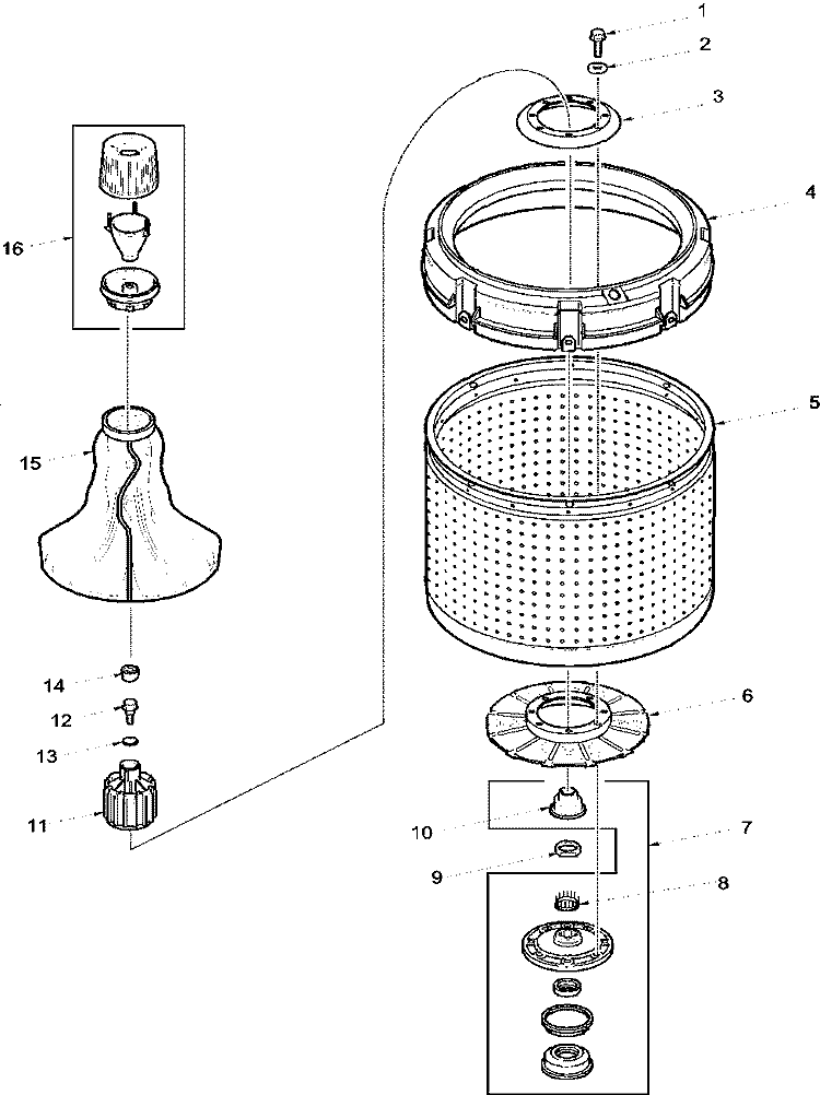 AGITATOR, DRIVE BELL, WASHTUB AND HUB Diagram and Parts List for LWA90AL PLWA90AL Amana Washer