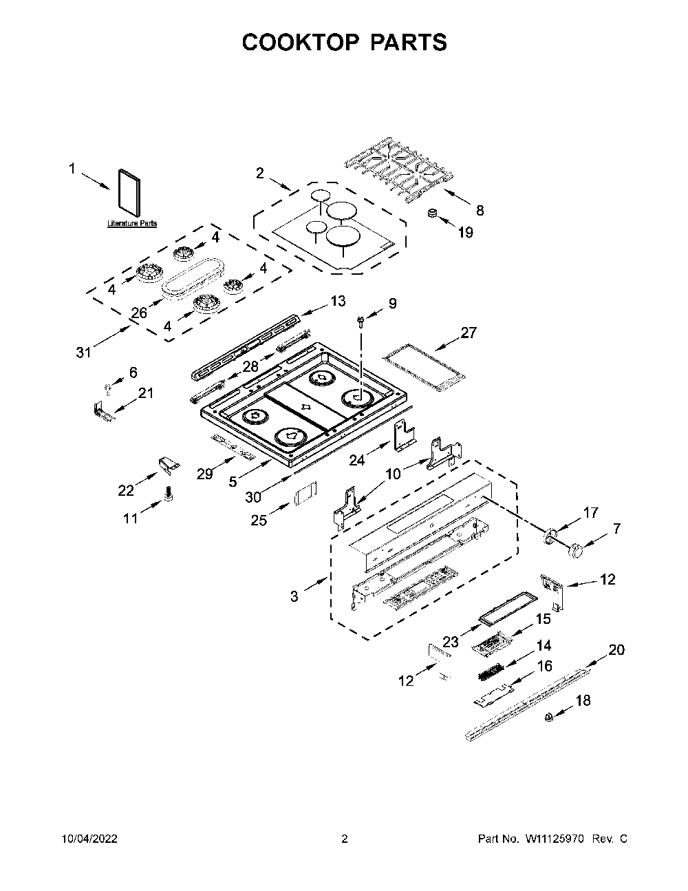 Cooktop Parts Diagram and Parts List for 66475223710  Kenmore Range