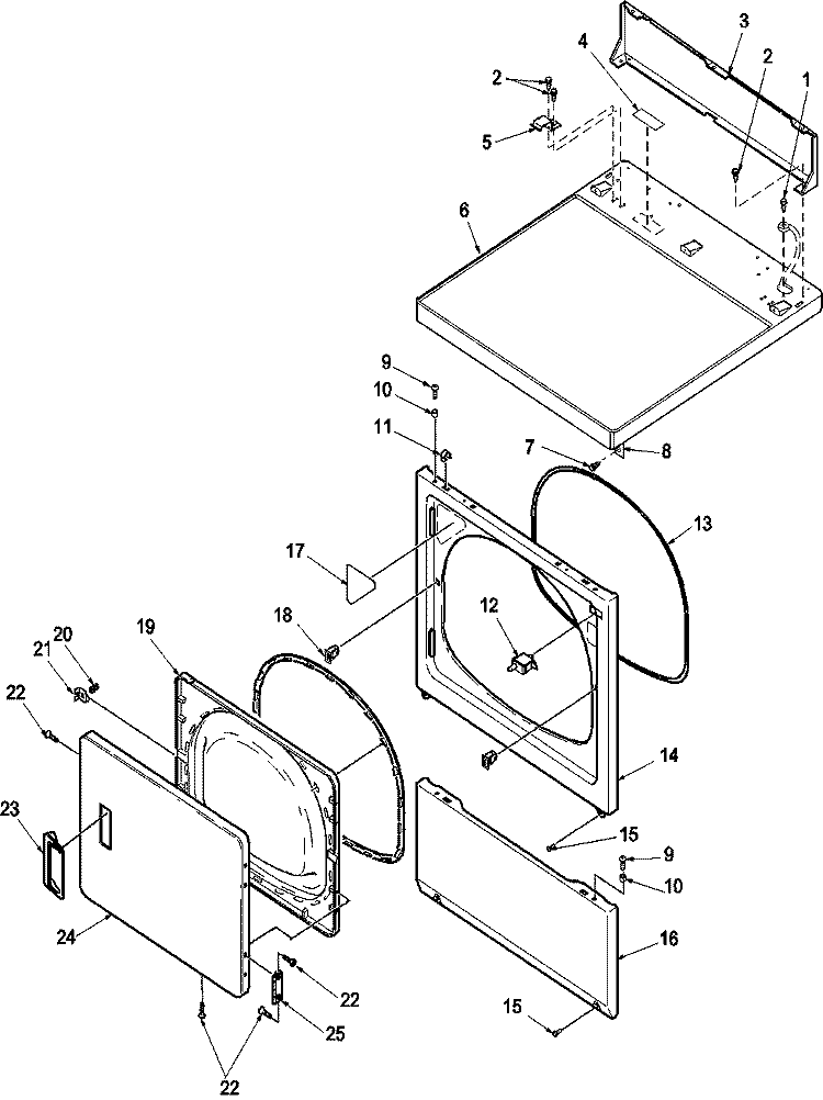 Door and Front, Access, and Top Panels Diagram and Parts List for LES10AW PLES10AW Amana Dryer
