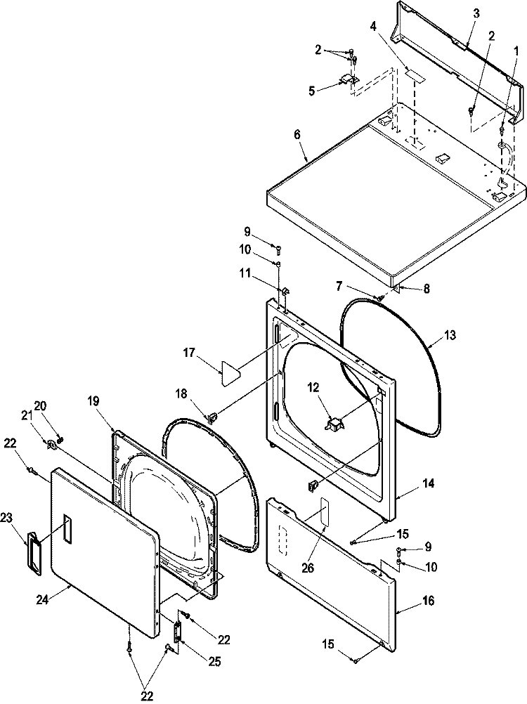 Door and Front, Access, and Top Panels Diagram and Parts List for LGS10AW PLGS10AW Amana Dryer