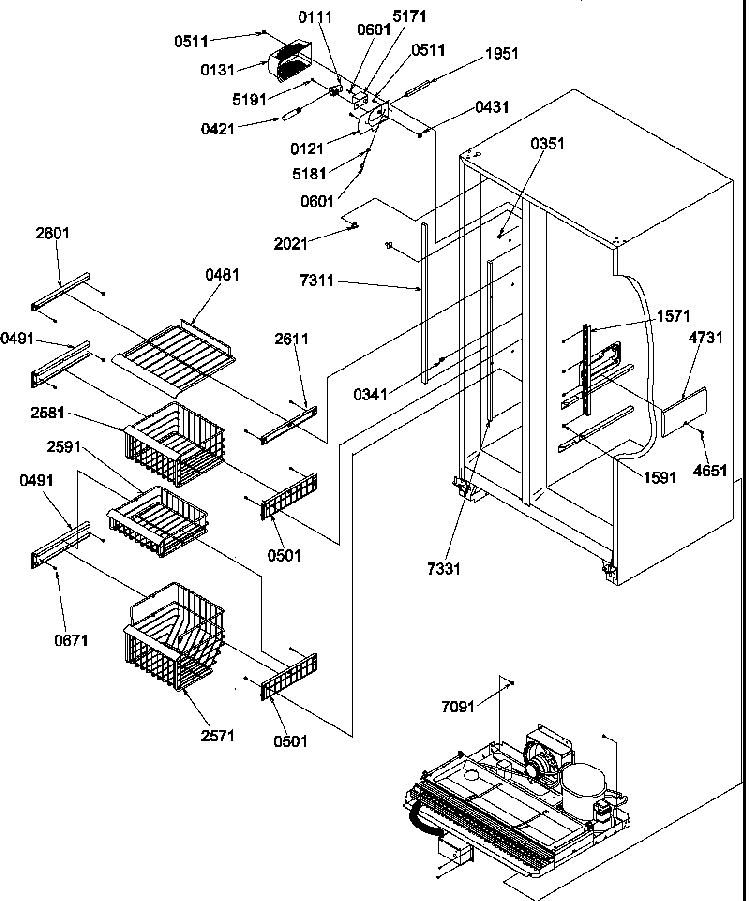 Freezer Shelves And Lights Diagram and Parts List for SRD526TW-P1313401WW  Amana Refrigerator