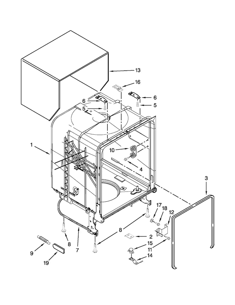 Tub And Frame Parts Diagram and Parts List for ADB1400PYB3  Amana Dishwasher