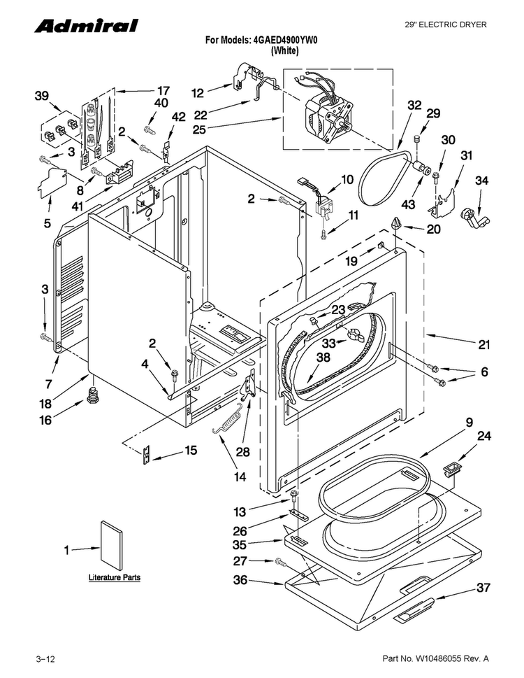 Cabinet Parts Diagram and Parts List for 4GAED4900YW0  Admiral Dryer