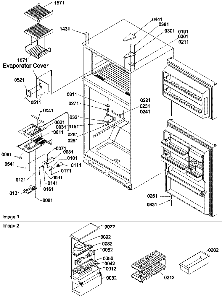 Door Hinges, Freezer Shelf Diagram and Parts List for TR525VW P1322701W W Amana Refrigerator
