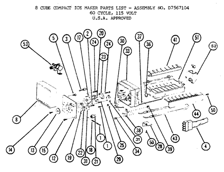 Icemaker Compact Replacement Parts Diagram and Parts List for BW20K-P7812501W  Amana Refrigerator