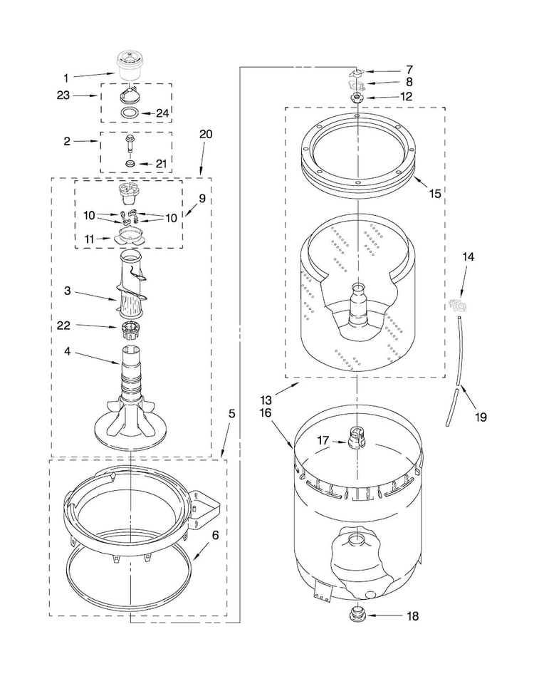 Agitator, Basket And Tub Parts Diagram and Parts List for 7MMTS0500WW0  Maytag Washer
