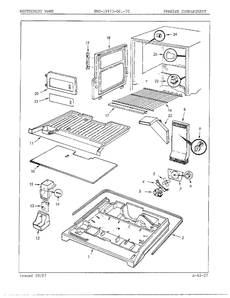 Freezer Compartment Diagram and Parts List for 19973A  Admiral Refrigerator