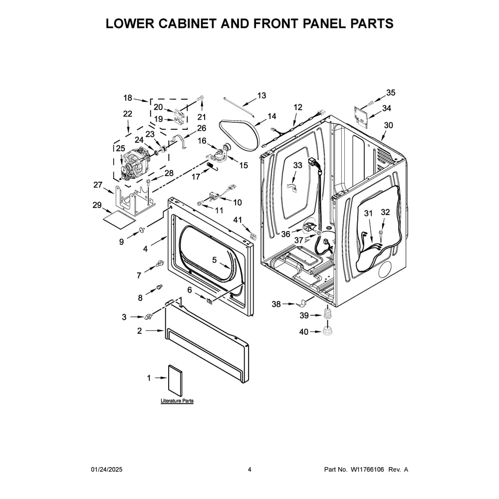 Lower Cabinet And Front Panel Parts Diagram and Parts List for MLE27PDFGW0  Maytag Dryer
