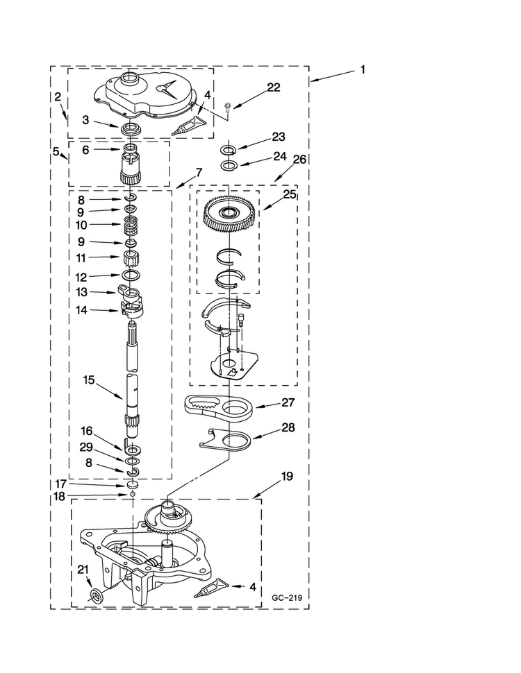 Gearcase Parts Diagram and Parts List for 3UMTW5755TW1  Maytag Washer