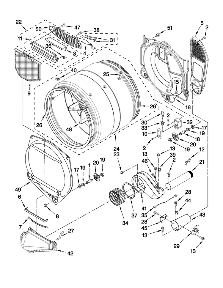 Bulkhead Parts Diagram and Parts List for MGDE400XR1  Maytag Dryer